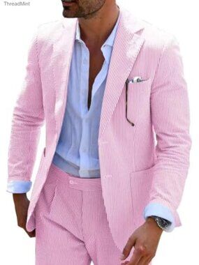 Men's 2 Piece Seersucker Suit Slim Fit Striped Summer Wedding Groom Suit